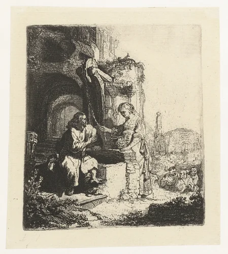 Christ and the woman of Samaria among ruins by Rembrandt van Rijn, print, 1634