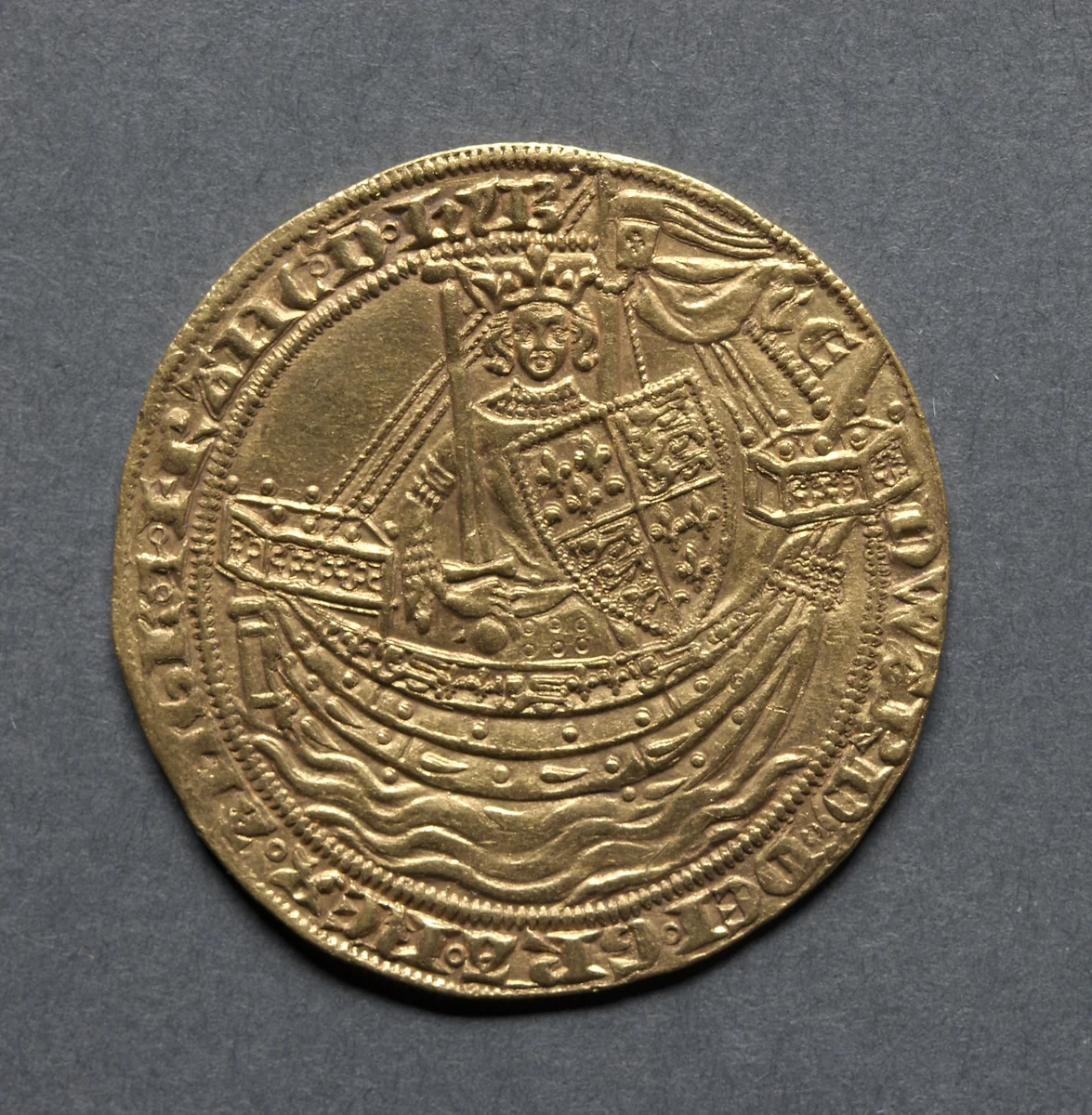 Noble: Edward III Standing in Ship with Shield of Arms (obverse) by Unknown, metalwork, 1351