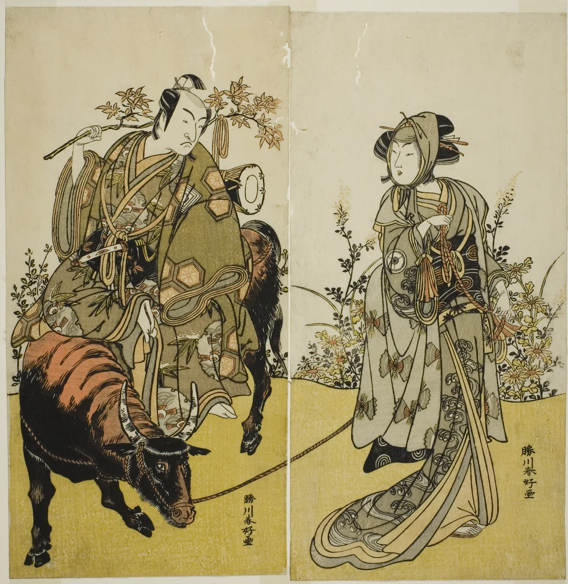 The Actors Iwai Hanshiro IV as Okume (right), and Ichikawa Monnosuke II as Koshiba Yukienojo Disguised as the Eboshi Seller Rokusaburo (left), in the Play Katakiuchi Adana Kashiku, Performed at the Nakamura Theater in the Seventh Month, 1779 by Katsukawa Shunko, print, 1774-1784