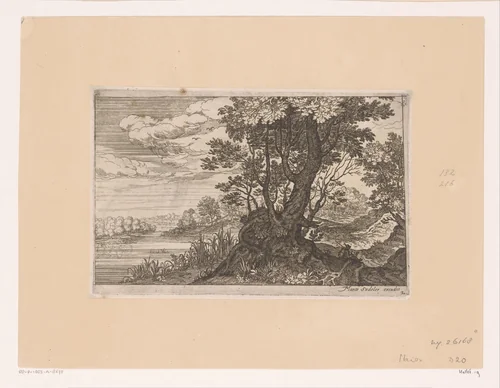 Landschap met een boom tussen een rivier en een weg by Isaak Major, print, 1586-1630