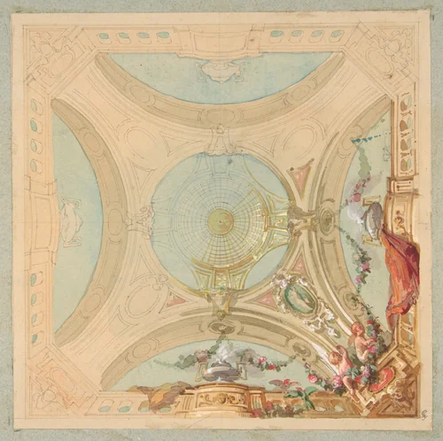 Design for a ceiling with garland bearing putti by Jules-Edmond-Charles Lachaise, drawing, 1850-1900