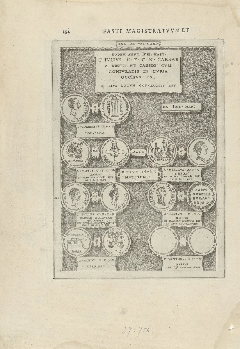Zeven Romeinse munten by Hubert Goltzius, print, 1566
