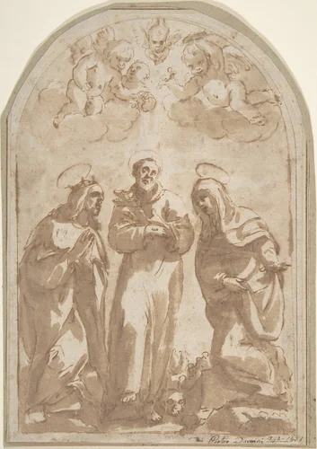 Saint Louis of France, Saint Francis, and a Female Monastic Saint by Pietro Damini, drawing, 1592-1631