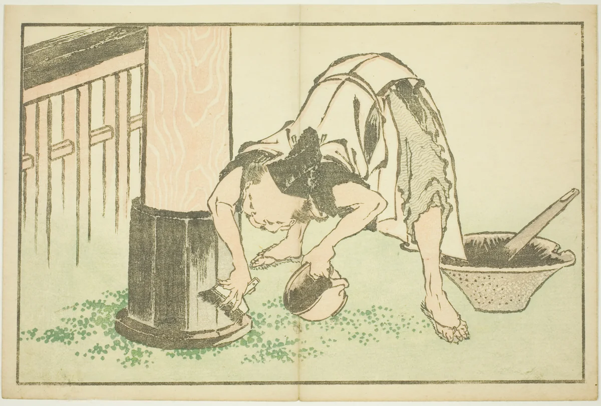 Craftsman working on Temple, from The Picture Book of Realistic Paintings of Hokusai (Hokusai shashin gafu) by Katsushika Hokusai (葛飾 北斎), print, 1809-1819