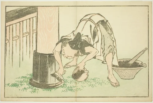 Craftsman working on Temple, from The Picture Book of Realistic Paintings of Hokusai (Hokusai shashin gafu) by Katsushika Hokusai (葛飾 北斎), print, 1809-1819