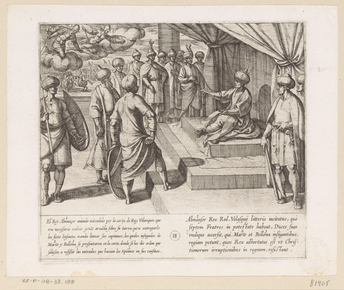 Almanzor beveelt zijn troepen de christenen tegen te houden wanneer deze zijn gebied binnen komen by Antonio Tempesta, print, 1612