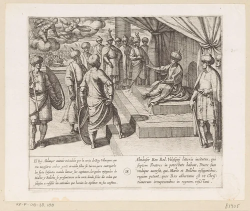 Almanzor beveelt zijn troepen de christenen tegen te houden wanneer deze zijn gebied binnen komen by Antonio Tempesta, print, 1612