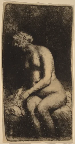 Nude Seated on a Bench with a Pillow (Woman Bathing Her Feet at a Brook) by Rembrandt van Rijn, print, 1658