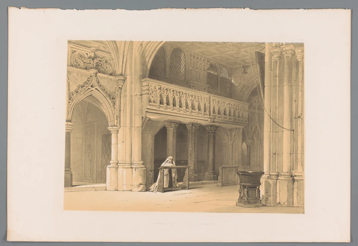 Biddende non in het Nonnbergklooster te Salzburg by Louis Haghe, print, 1845