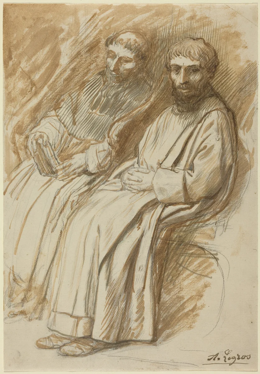Two Monks Seated in a Church by Alphonse Legros, drawing, 1837-1911