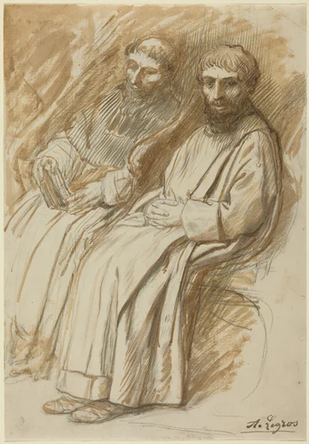 Two Monks Seated in a Church by Alphonse Legros, drawing, 1837-1911