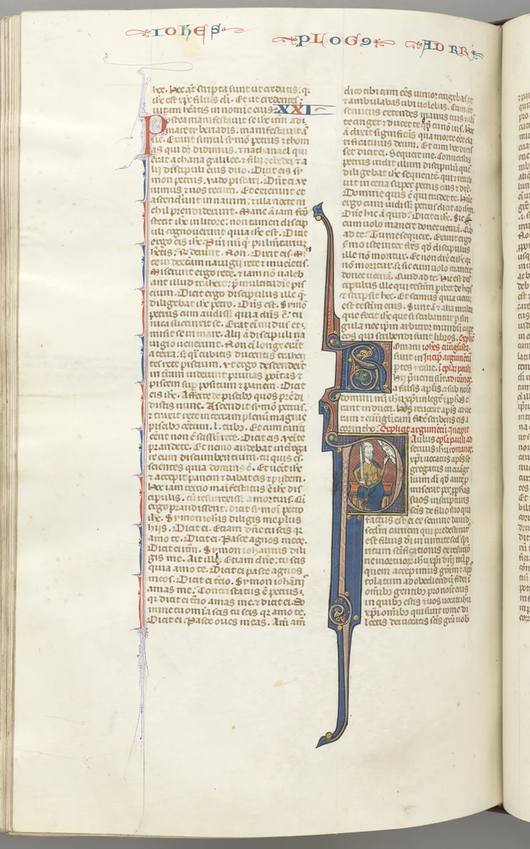 Fol. 435v, Romans, historiated initial P, Paul seated with a sword talking to the bust of God above by Unknown, book, 1270-1300