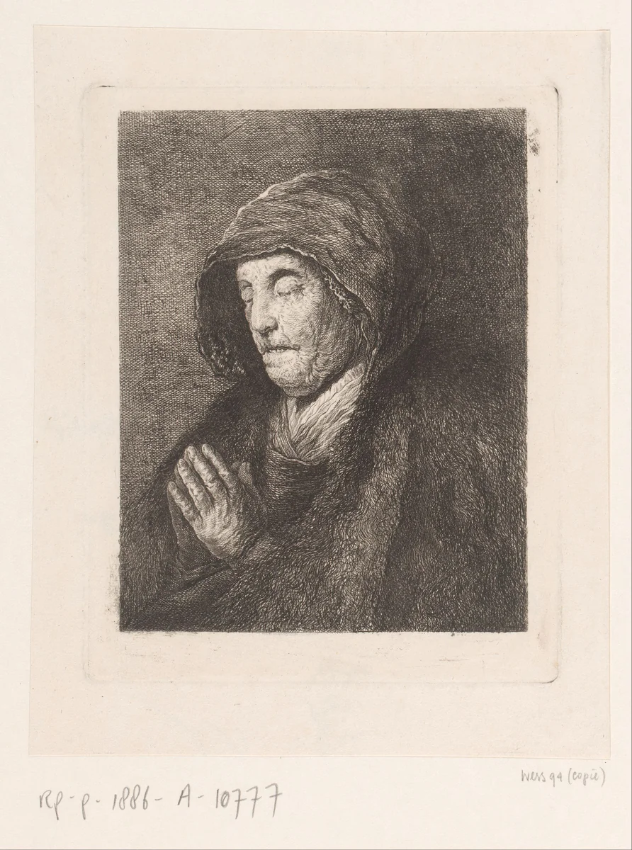 Portret van Neeltje Willemsdr. Zuytbrouck biddend by Amalie Baader, print, 1773-1840