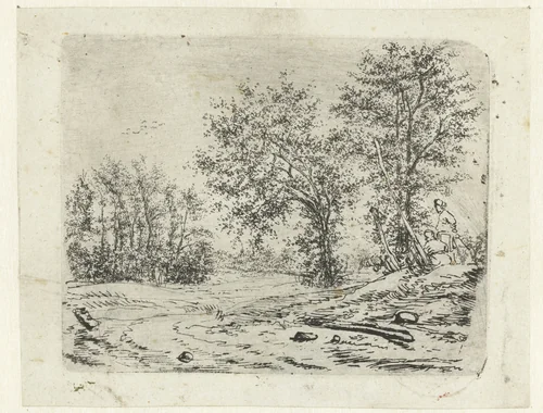 Landschap met twee mannen die een naakte vrouw bespieden by Claes van Beresteyn, print, 1637-1684