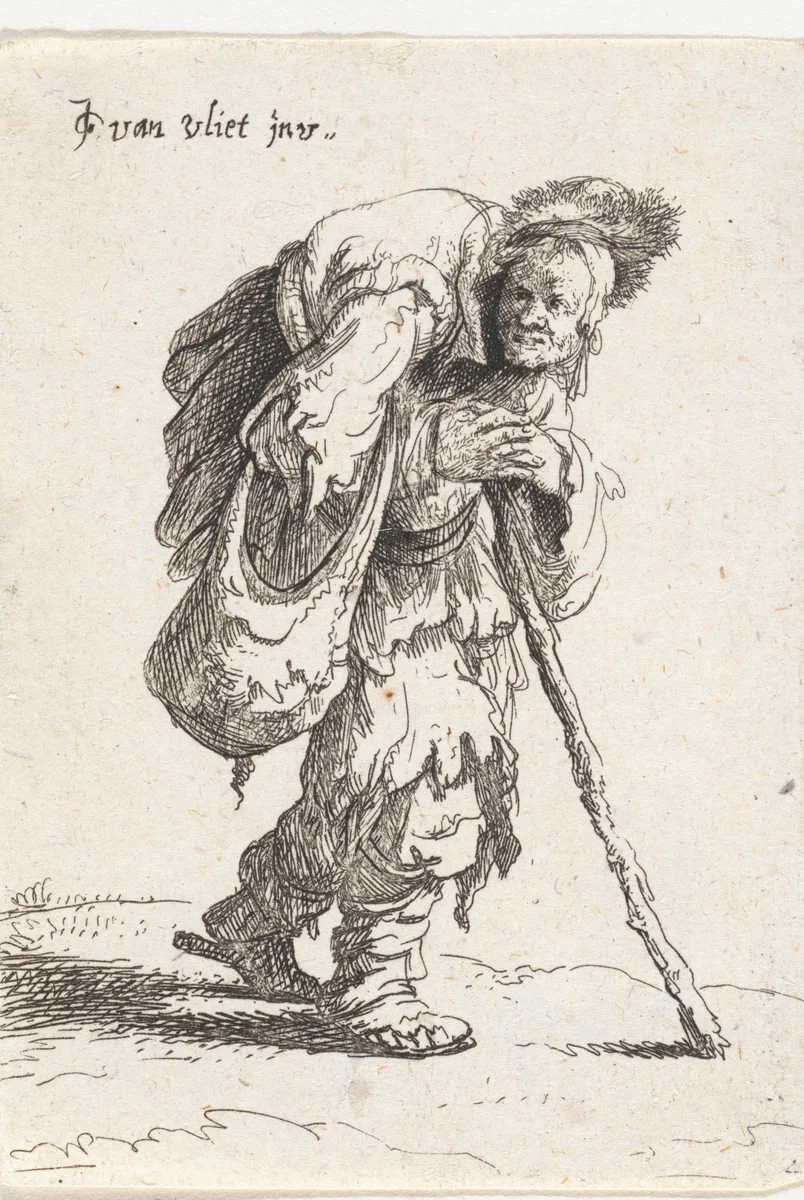 Gebochelde bedelaar met een wandelstok by Jan Gillisz van Vliet, print, 1632