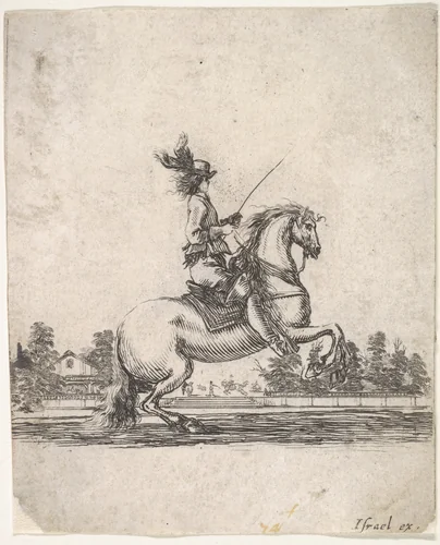 A horseman atop a rearing horse, in profile and turned towards the right, gardens in the background, from "Various cavalry exercises" (Diverses exercices de cavalerie) by Stefano della Bella, print, 1642-1645