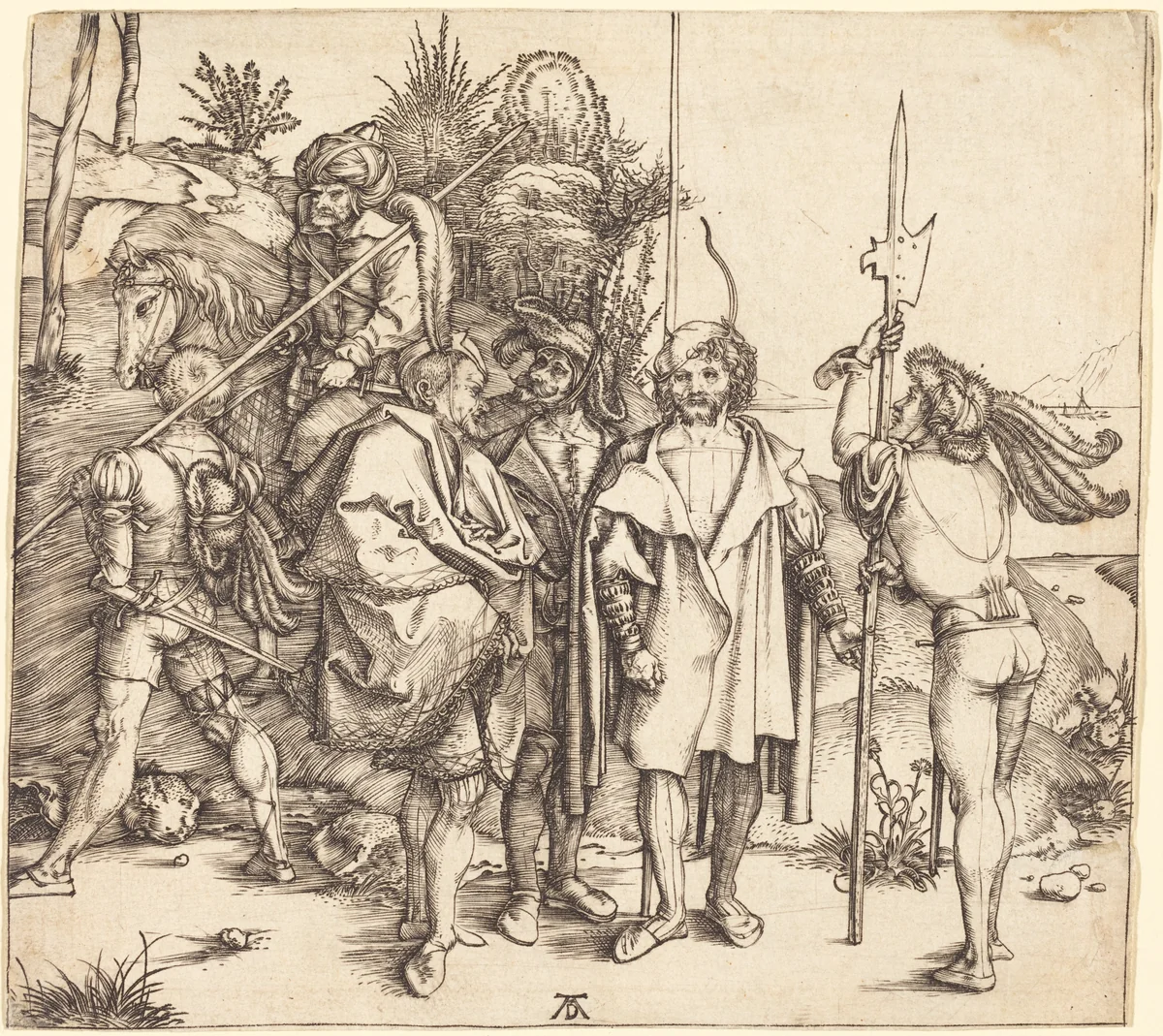 Five Soldiers and a Turk on Horseback by Albrecht Dürer, print, 1495-1496