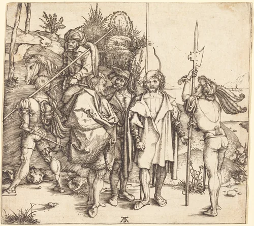 Five Soldiers and a Turk on Horseback by Albrecht Dürer, print, 1495-1496