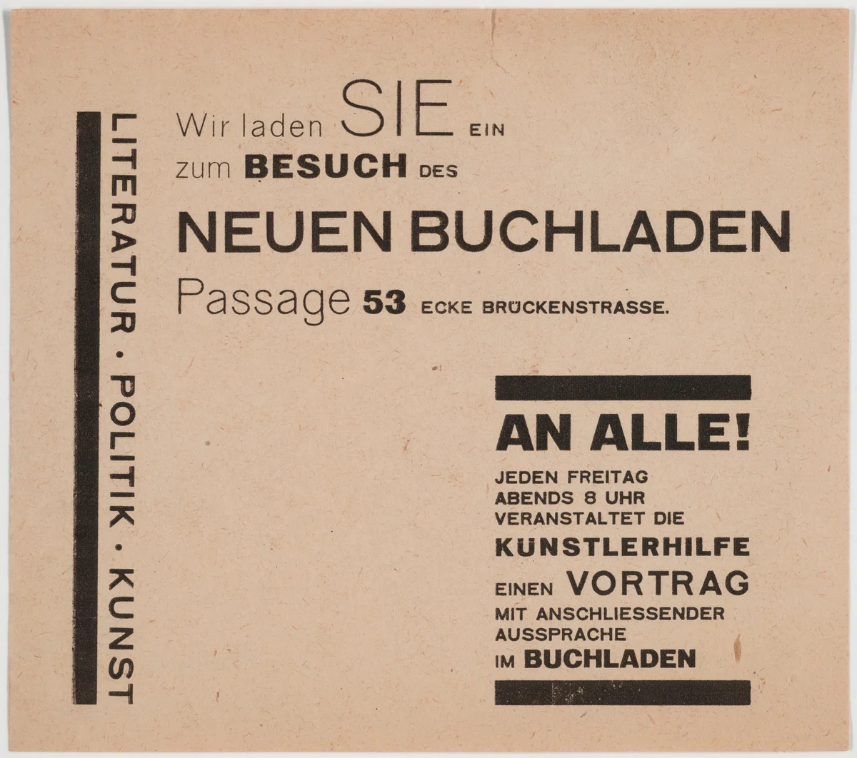Wir Laden Sie ein zum Besuch des neuen Buchladen by Franz Wilhelm Seiwert, design, 1924