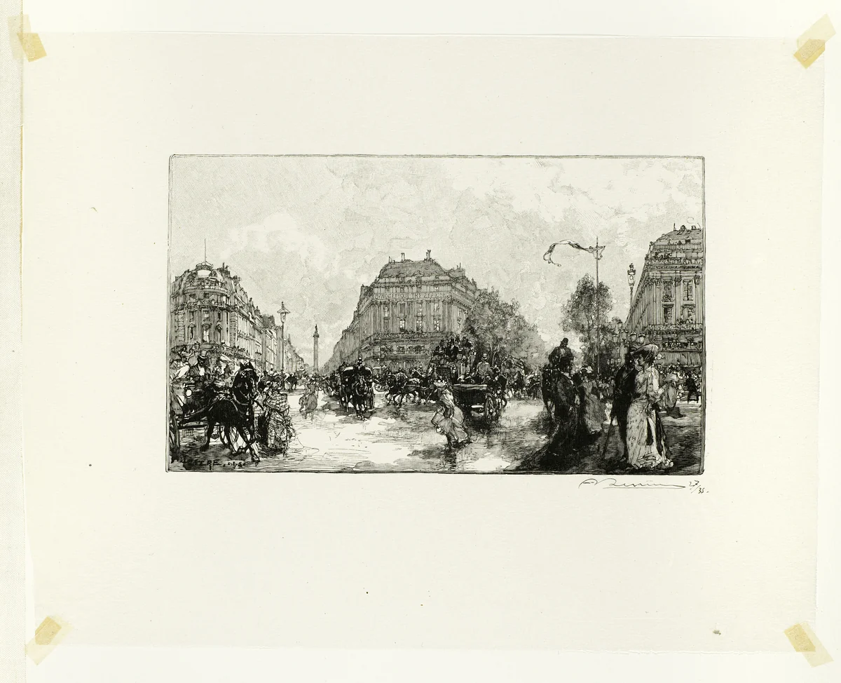 Place de l'Opéra, plate seventeen from Le Long de la Seine et des Boulevards by Louis Auguste Lepère, print, 1890