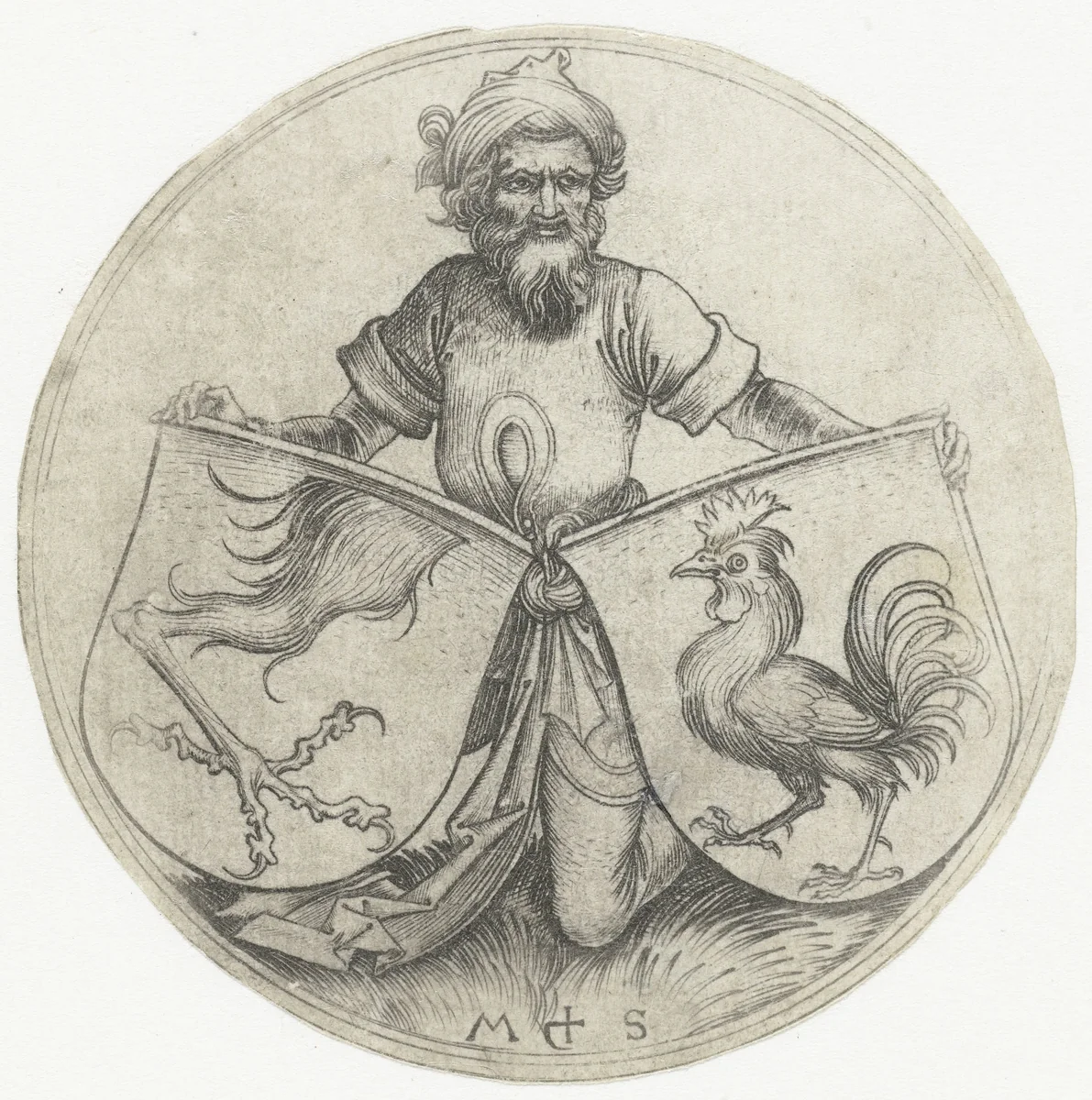 Wapenschilden met een haan en de poot van een griffioen, vastgehouden door een oosterling by Unknown, print, 1470-1491
