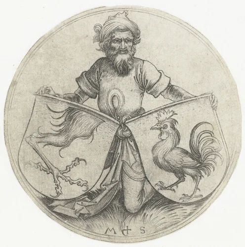 Wapenschilden met een haan en de poot van een griffioen, vastgehouden door een oosterling by Unknown, print, 1470-1491