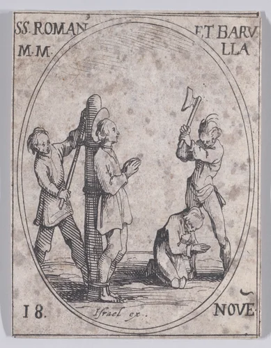 S. Romain and S. Barulla (St. Romanus and St. Barula), November 18th, from "Les Images De Tous Les Saincts et Saintes de L'Année" (Images of All of the Saints and Religious Events of the Year) by Jacques Callot, print, 1636