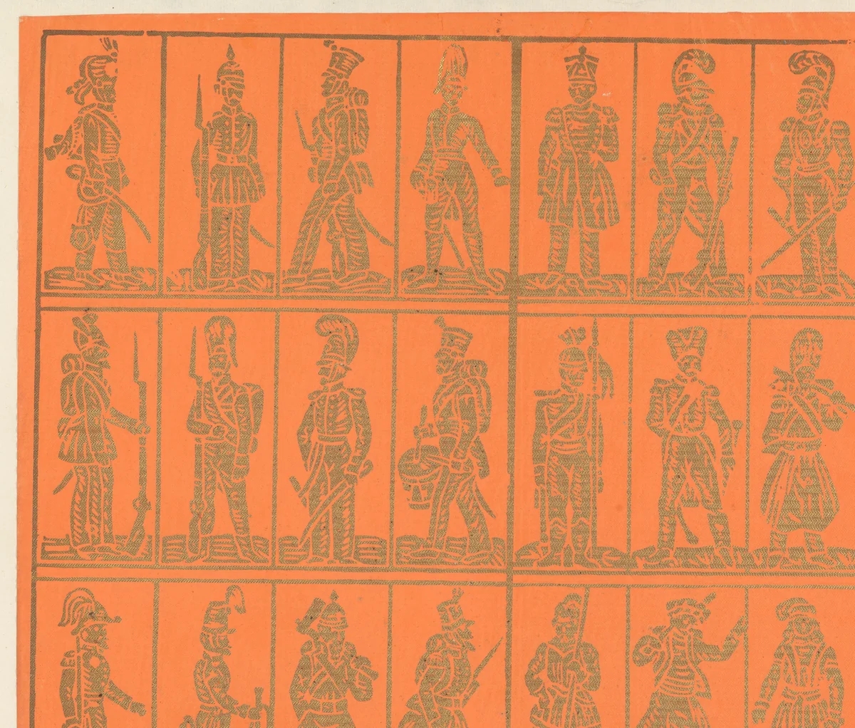 Blad met vierentwintig militaire figuren in drie rijen van acht kaders by Dessauerschen Buntpapierfabrik, other, 1850-1920