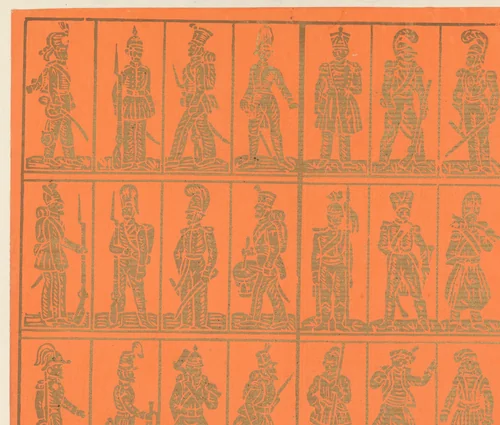 Blad met vierentwintig militaire figuren in drie rijen van acht kaders by Dessauerschen Buntpapierfabrik, other, 1850-1920