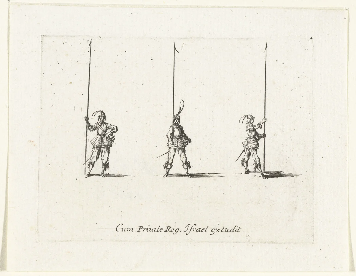 Exercities met een lans in verticale stand by Jacques Callot, print, 1635