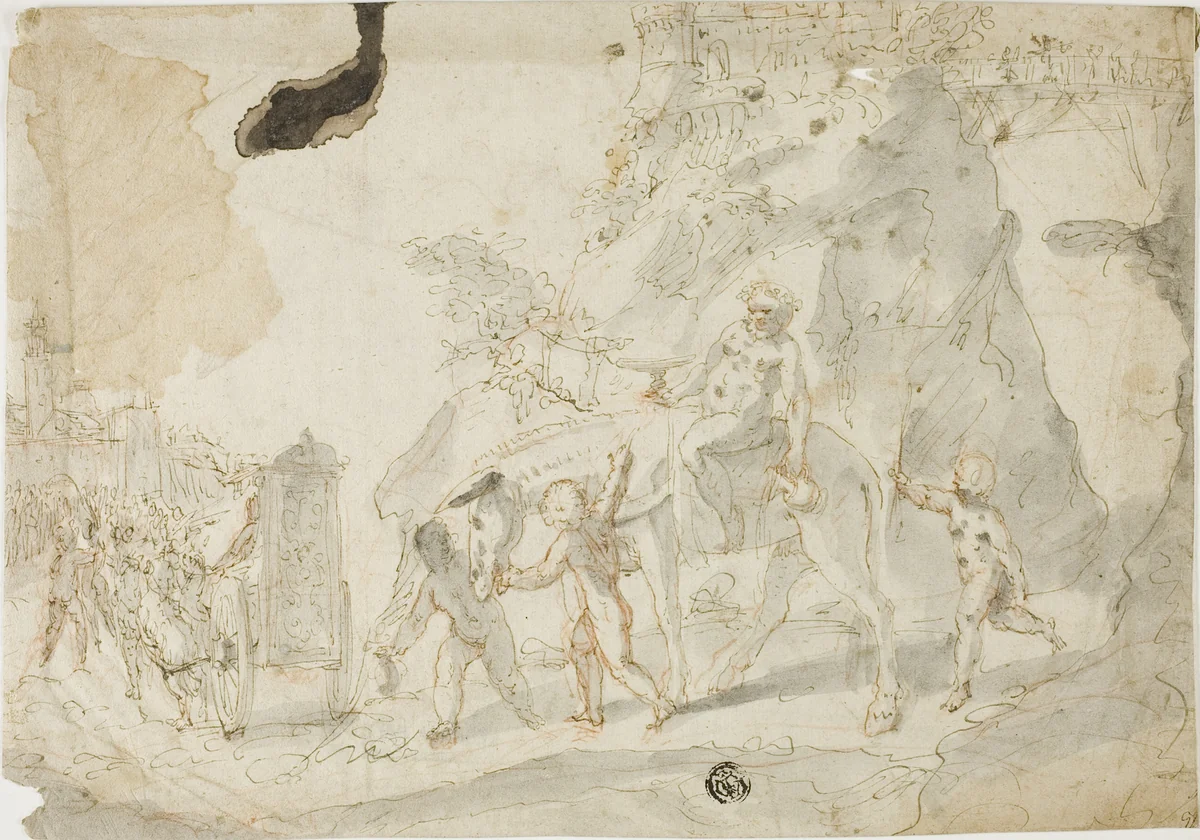 Triumph of Bacchus with Drunken Silenus on Donkey by Cesare Pollini, drawing, 1580-1630