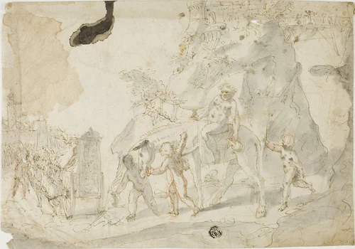 Triumph of Bacchus with Drunken Silenus on Donkey by Cesare Pollini, drawing, 1580-1630