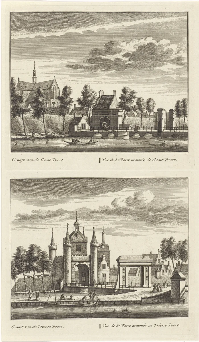 Twee gezichten op Alkmaar met stadspoorten en de Grote Kerk by Leonard Schenk, print, 1746
