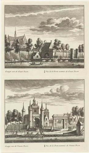 Twee gezichten op Alkmaar met stadspoorten en de Grote Kerk by Leonard Schenk, print, 1746