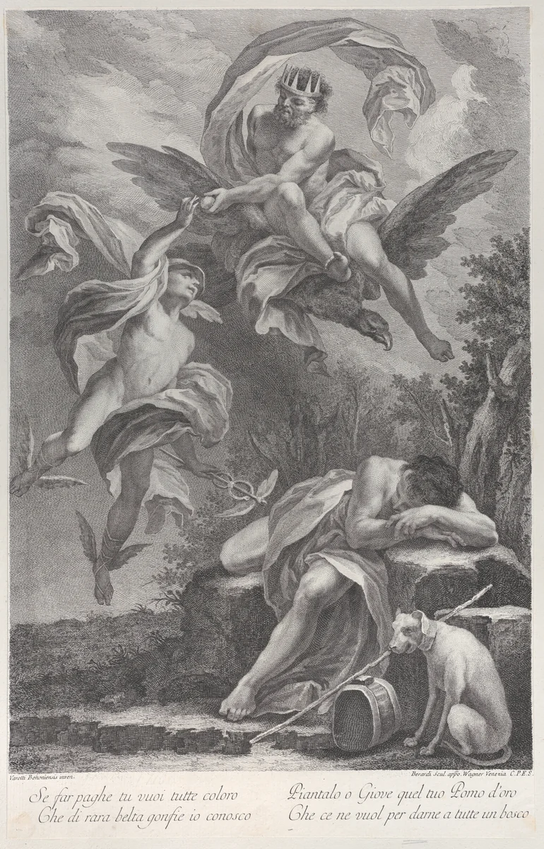 Zeus handing the golden apple to Hermes, above the sleeping figure of Paris by Fabio Berardi, print, 1748-1788