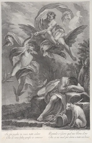 Zeus handing the golden apple to Hermes, above the sleeping figure of Paris by Fabio Berardi, print, 1748-1788