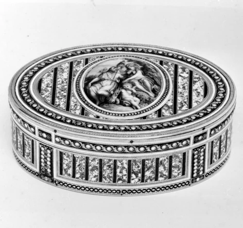 Snuffbox with miniature of Hercules, Omphale and Cupid by Joseph Etienne Blerzy, metalwork, 1789-1790