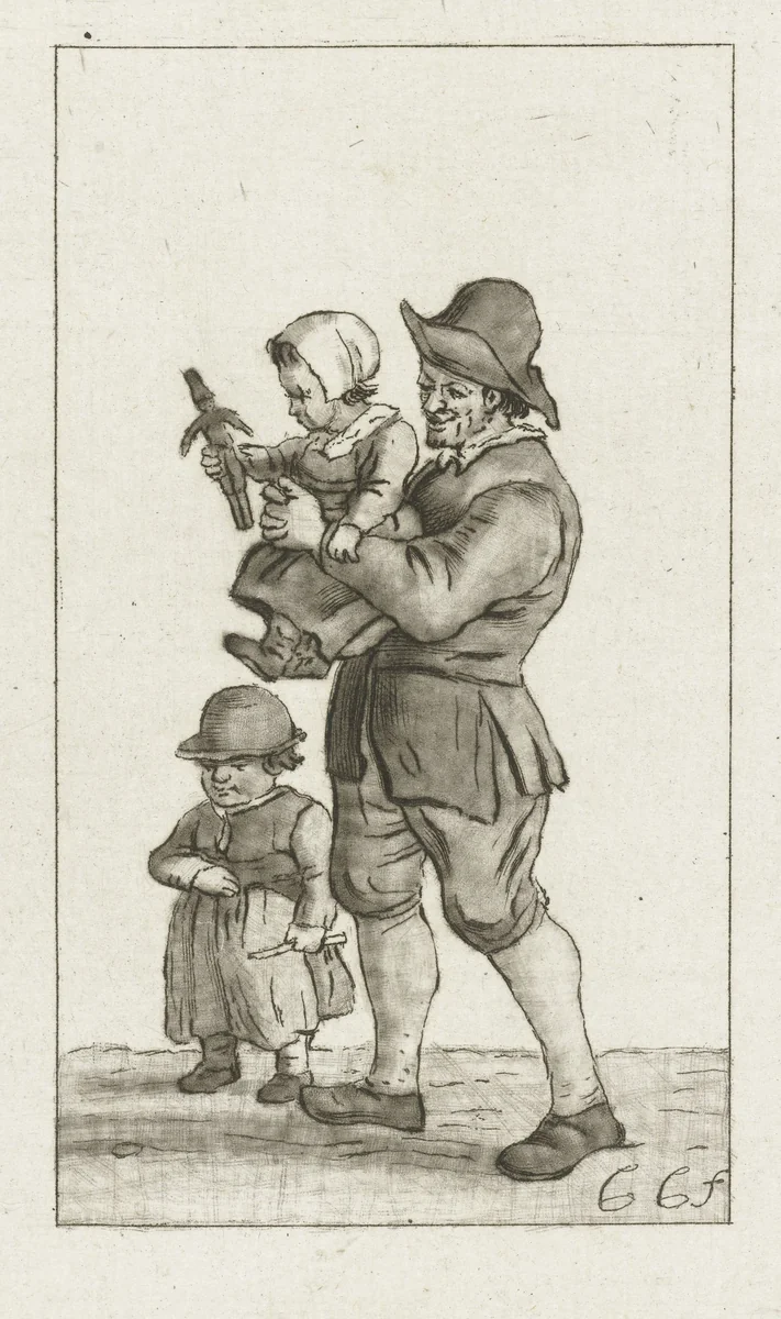 Vader met twee kinderen by Pieter de Mare, print, 1779