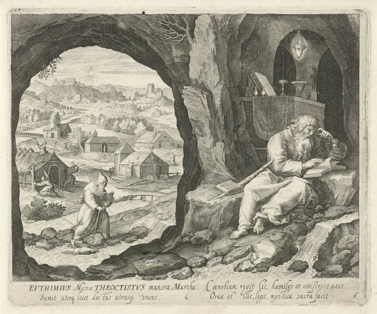 H. Euthimius de Grote en H. Theoctistus Hegumen als kluizenaars by Jan van Londerseel, print, 1580-1625