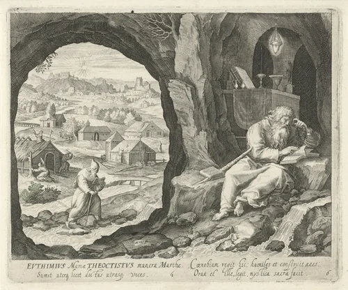 H. Euthimius de Grote en H. Theoctistus Hegumen als kluizenaars by Jan van Londerseel, print, 1580-1625