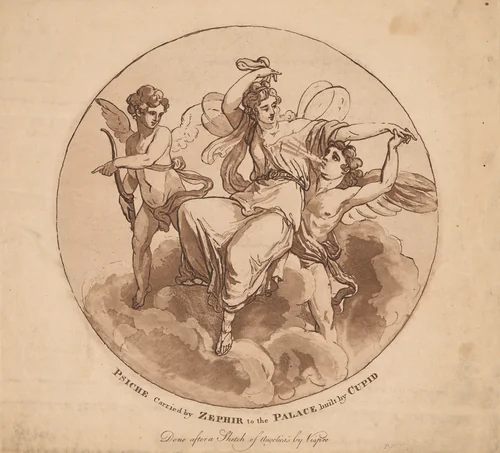 Psyche Carried by Zephyr to the Palace Built by Cupid by Francois-Xavier Vispre; Angelica Kauffmann; Antonio Zucchi, print, 1770-1790