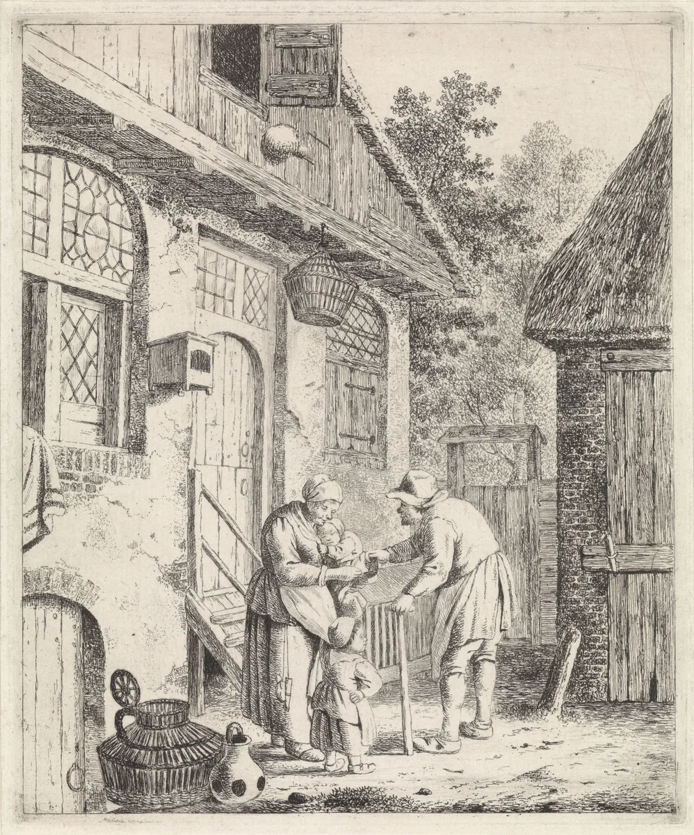 Binnenplaats met boeren by Johannes Christiaan Janson, print, 1778-1823
