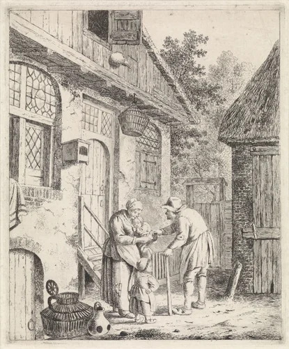 Binnenplaats met boeren by Johannes Christiaan Janson, print, 1778-1823
