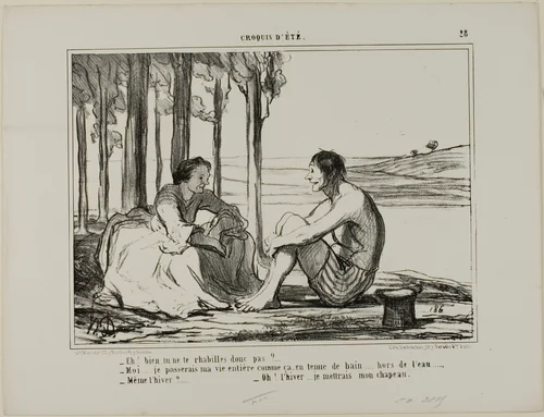 “- Aren't you getting dressed? - No... I remain like this in my swimming gear all day long, outside the swimming pool. - Even in winter? - Then I put on my hat!,” plate 28 from Croquis D'été by Honoré-Victorin Daumier, print, 1858
