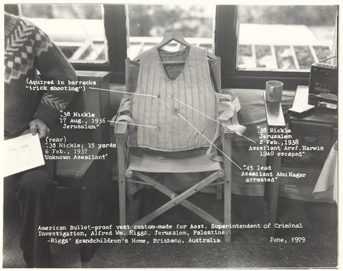 American Bullet Proof Vest Custom-Made for Assistant Superintendent of Criminal Investigation, Alfred William Riggs, Jerusalem, Palestine by Robert Cumming, photograph, 1979