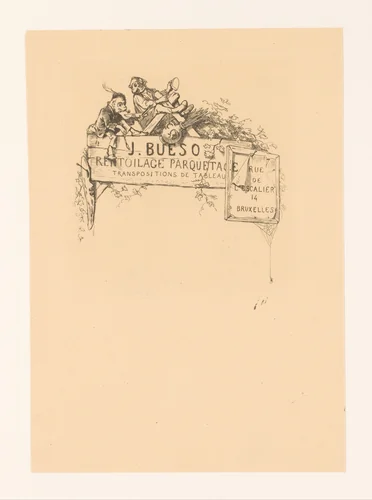 Adreskaart voor restaurateur van schilderijen J. Bueso by Léopold Flameng, print, 1841-1910