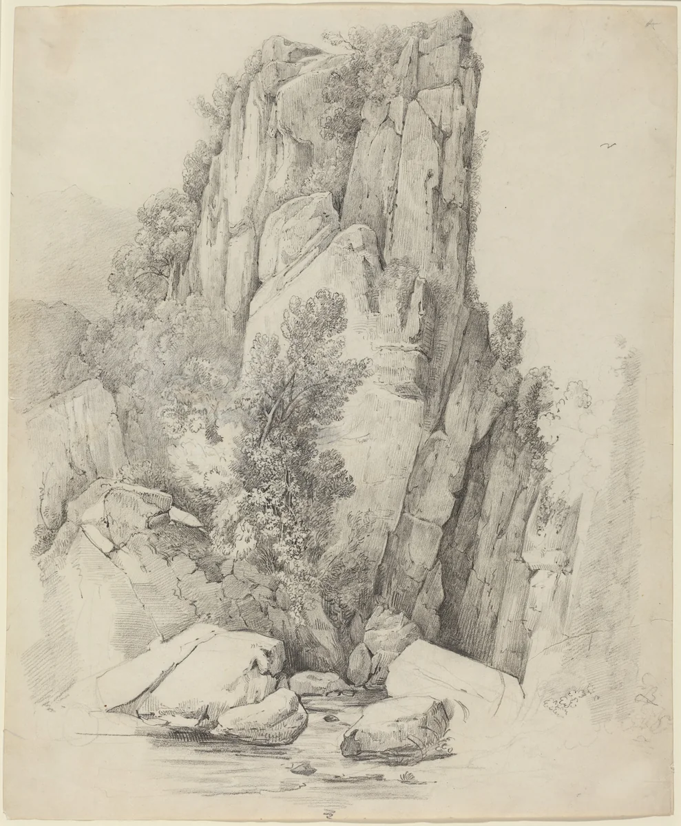 Rock Cliffs above a Stream by Johann Christoph Erhard, drawing, 1818