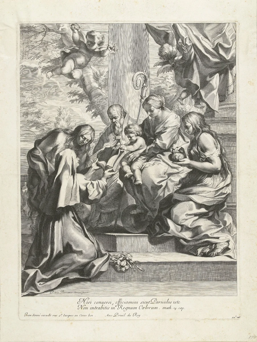 Heilige Martina aan de voeten van Maria by Gerard Edelinck, print, 1666-1707