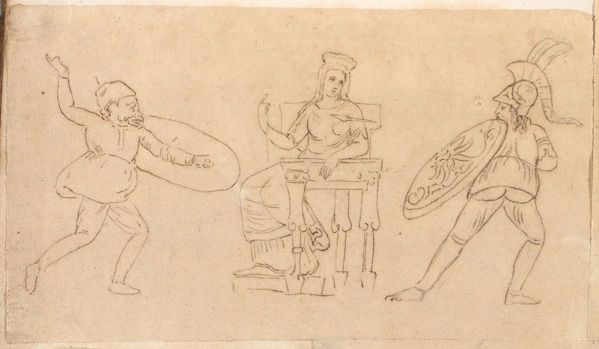 Comic Warrior, Seated Woman, and Figure with a Shield by Jacques-Louis David, drawing, 1775-1780
