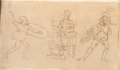 Comic Warrior, Seated Woman, and Figure with a Shield by Jacques-Louis David, drawing, 1775-1780